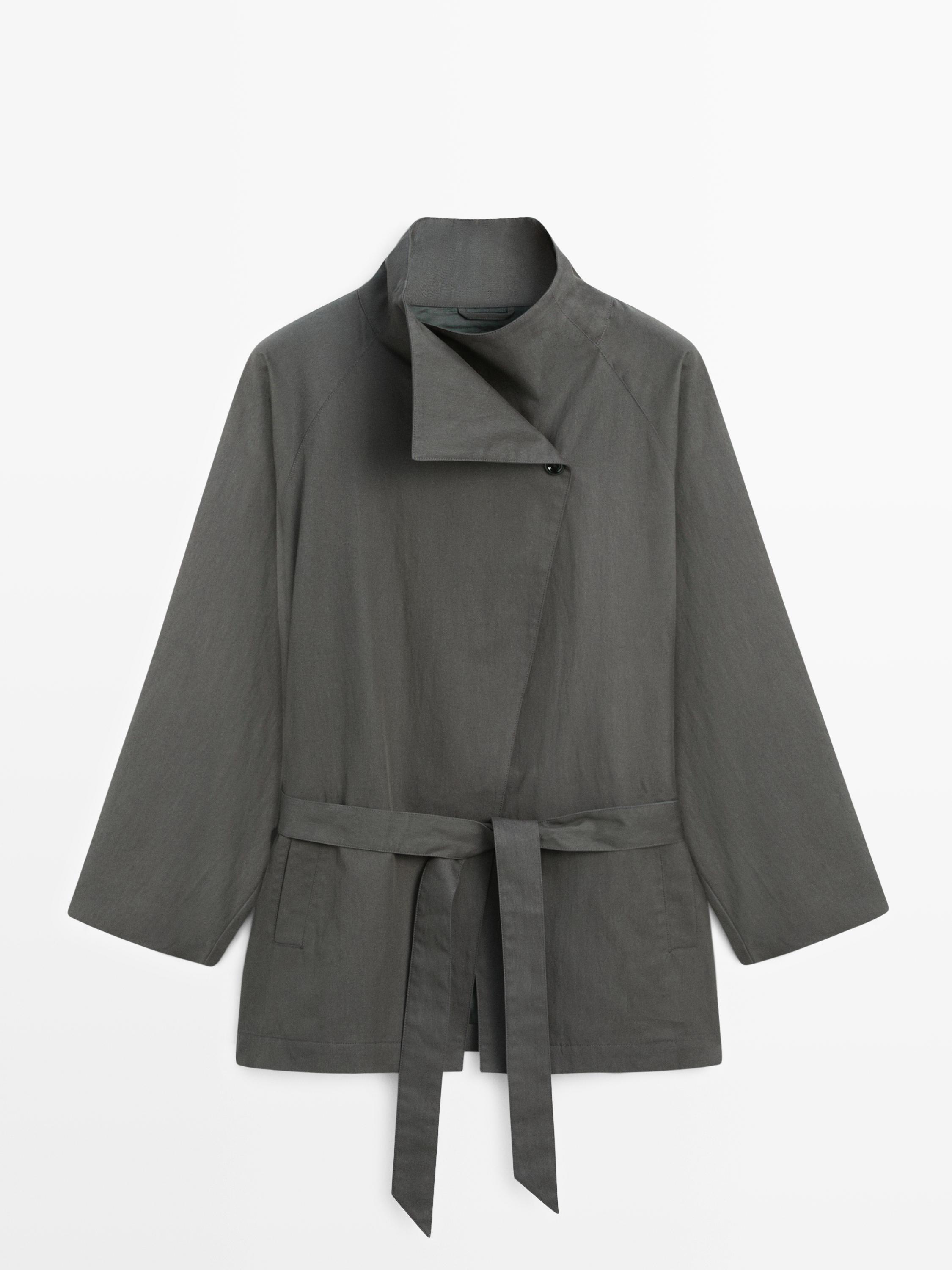 Short cotton blend trench coat with belt